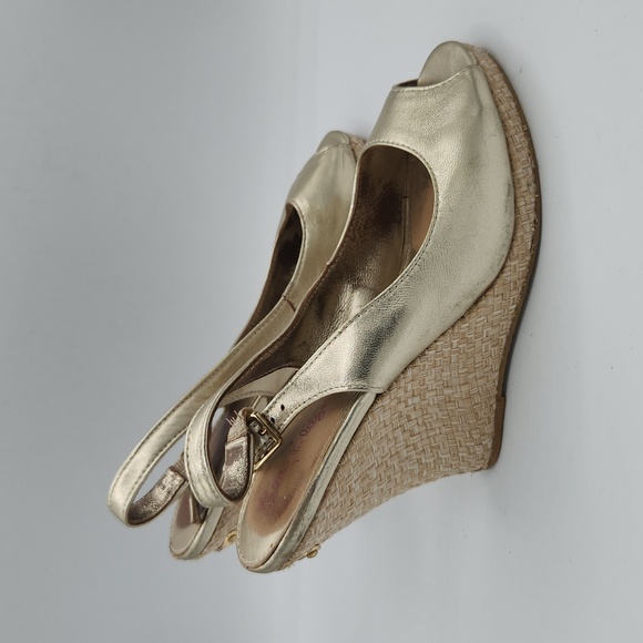 Lilly Pulitzer Shoes Lilly Pulitzer Kristin Peep Toe Gold Wedge Sandals Woven Textile Poshmark